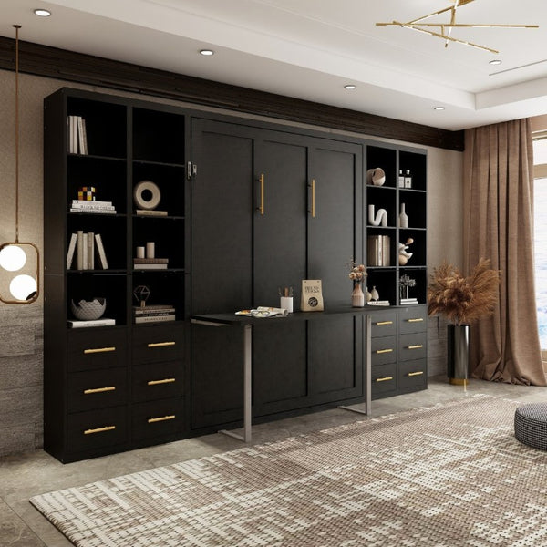 English Elm Hidden Queen Wall Bed with Fold Down Desk and Four Storage Cabinets for Small Spaces Black W5290S00028
