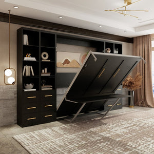 English Elm Hidden Queen Wall Bed with Fold Down Desk and Four Storage Cabinets for Small Spaces Black W5290S00028