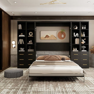 English Elm Hidden Queen Wall Bed with Fold Down Desk and Four Storage Cabinets for Small Spaces Black W5290S00028