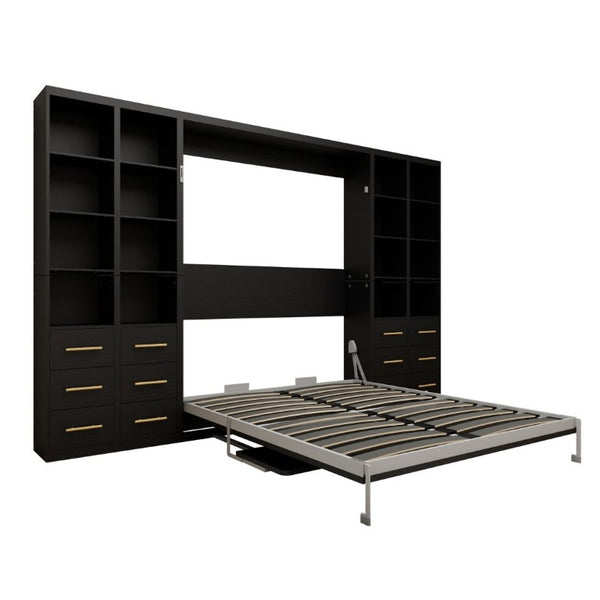 English Elm Hidden Queen Wall Bed with Fold Down Desk and Four Storage Cabinets for Small Spaces Black W5290S00028