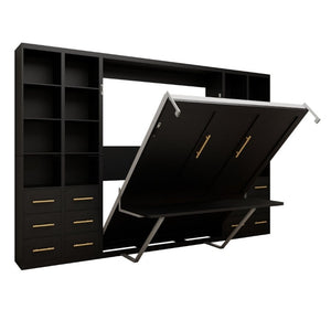 English Elm Hidden Queen Wall Bed with Fold Down Desk and Four Storage Cabinets for Small Spaces Black W5290S00028