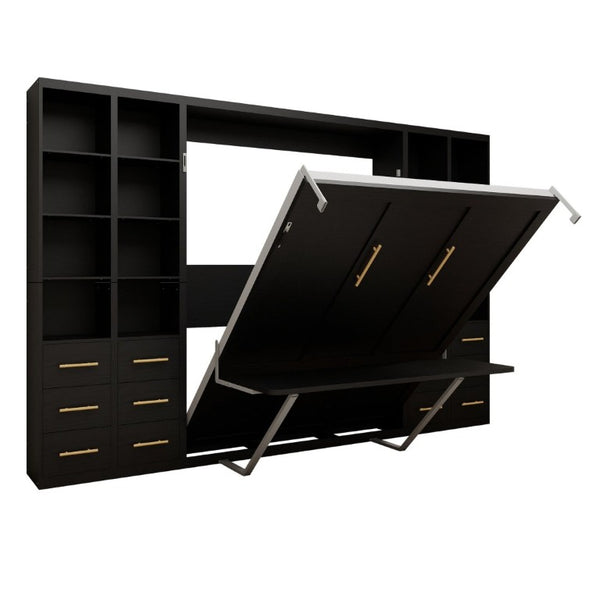 English Elm Hidden Queen Wall Bed with Fold Down Desk and Four Storage Cabinets for Small Spaces Black W5290S00028