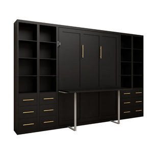 English Elm Hidden Queen Wall Bed with Fold Down Desk and Four Storage Cabinets for Small Spaces Black W5290S00028