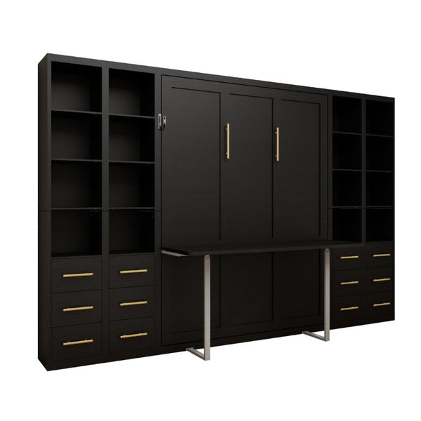 English Elm Hidden Queen Wall Bed with Fold Down Desk and Four Storage Cabinets for Small Spaces Black W5290S00028