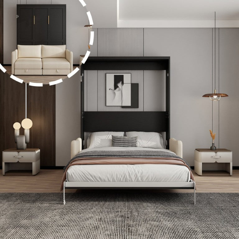 English Elm Easy Assembly Queen Murphy Wall Bed with Attached Sofa and Hidden Storage Cabinet W5290S00029