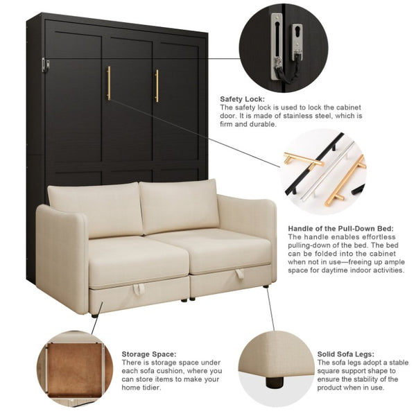 English Elm Easy Assembly Queen Murphy Wall Bed with Attached Sofa and Hidden Storage Cabinet W5290S00029