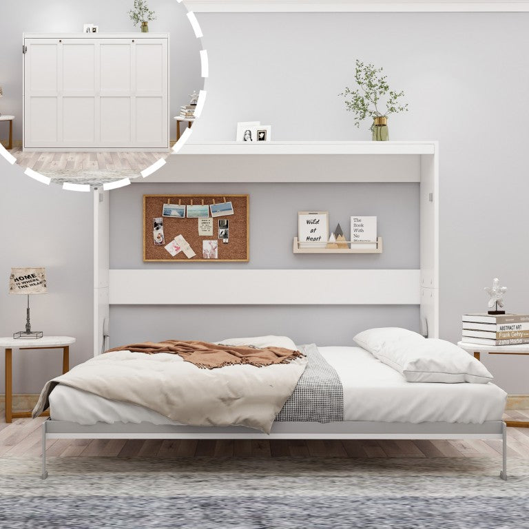 English Elm Horizontal Murphy Bed Queen Wall Hideaway with Hydraulic Lift and Solid Wood Slat Base W5290S00030