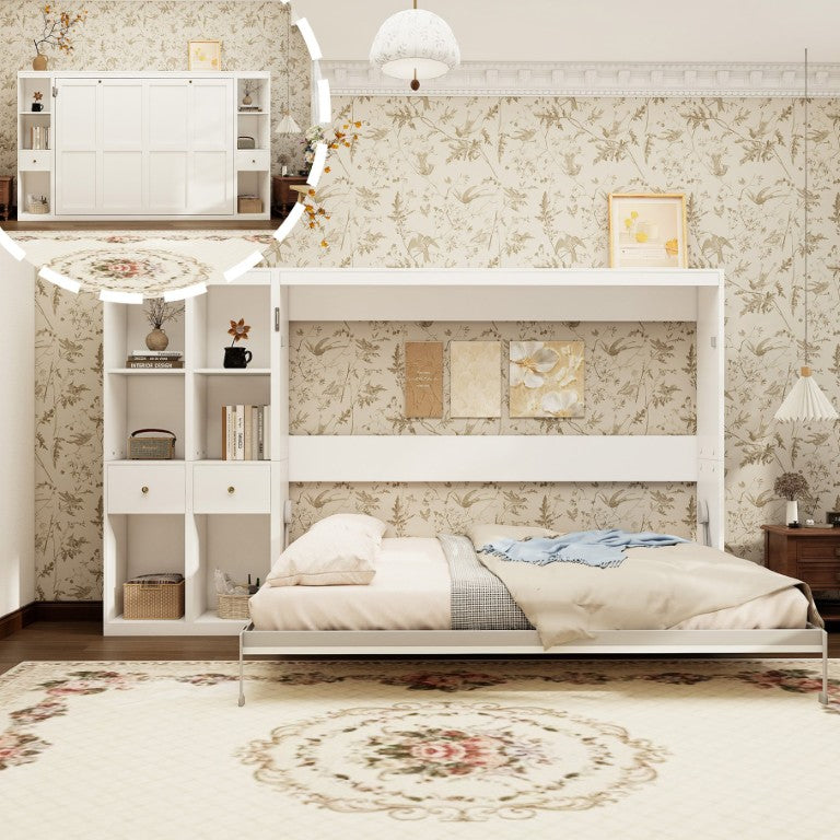 English Elm Space Saving Queen Murphy Bed with Flanking Storage Cabinets for Guest or Studio Rooms W5290S00031