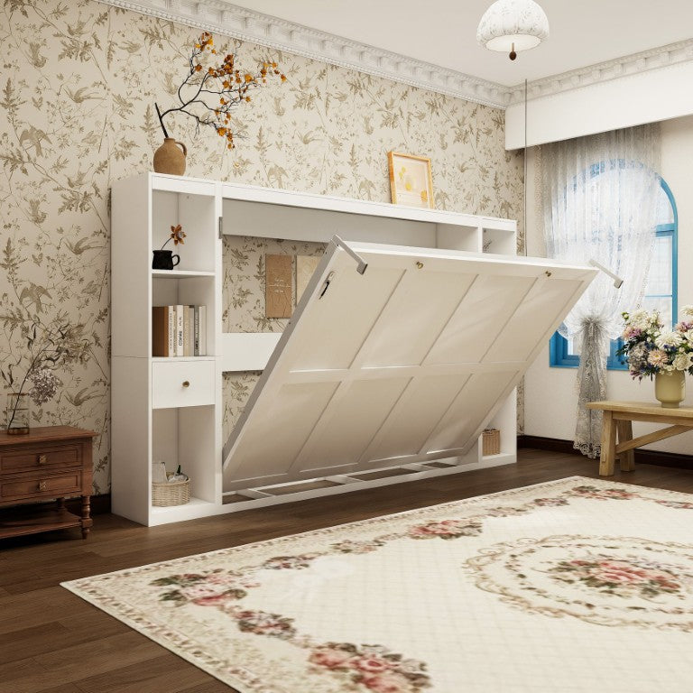 English Elm Space Saving Queen Murphy Bed with Flanking Storage Cabinets for Guest or Studio Rooms W5290S00031