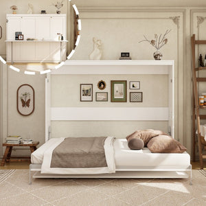 English Elm Queen Murphy Wall Bed with Integrated Fold Down Desk Solid Wood Slat Guest Room W5290S00032