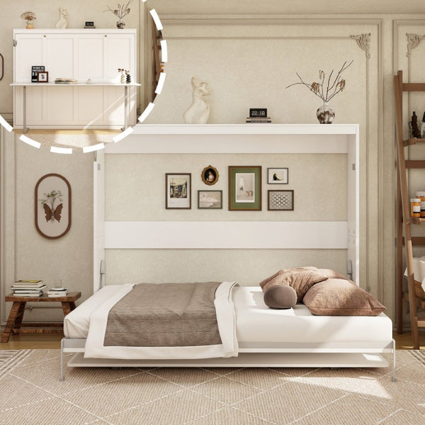 English Elm Queen Murphy Wall Bed with Integrated Fold Down Desk Solid Wood Slat Guest Room W5290S00032