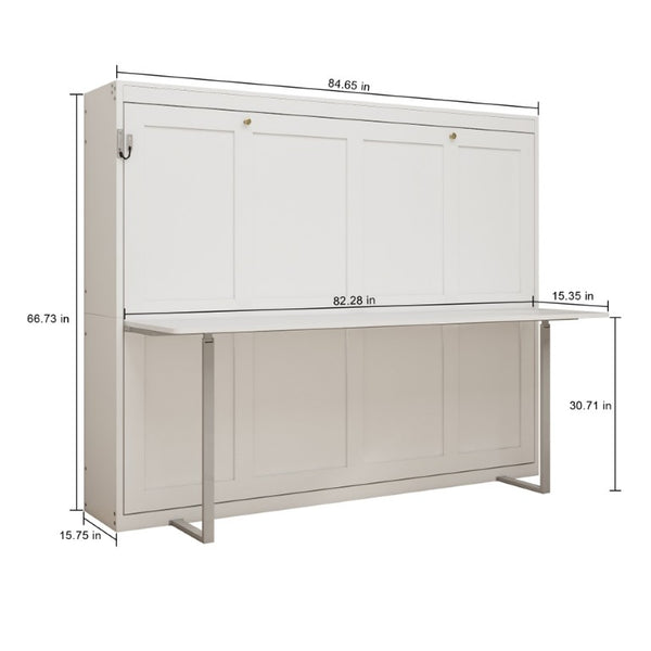 English Elm Queen Murphy Wall Bed with Integrated Fold Down Desk Solid Wood Slat Guest Room W5290S00032