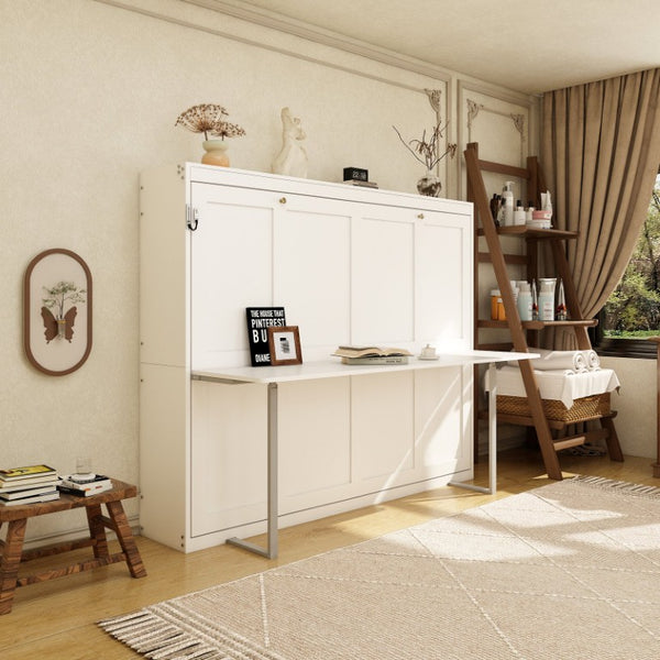 English Elm Queen Murphy Wall Bed with Integrated Fold Down Desk Solid Wood Slat Guest Room W5290S00032