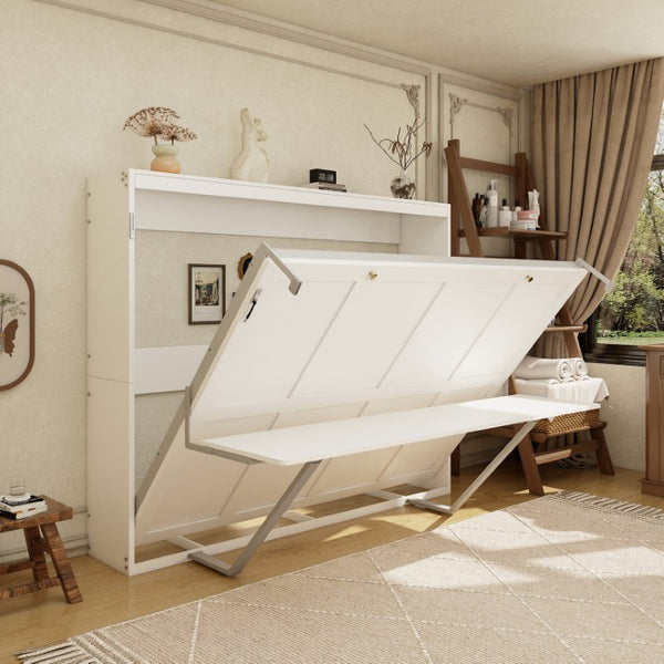 English Elm Queen Murphy Wall Bed with Integrated Fold Down Desk Solid Wood Slat Guest Room W5290S00032