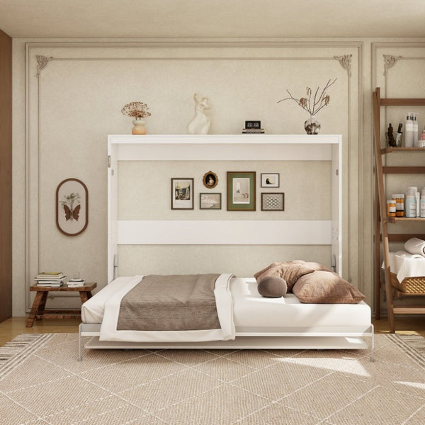 English Elm Queen Murphy Wall Bed with Integrated Fold Down Desk Solid Wood Slat Guest Room W5290S00032