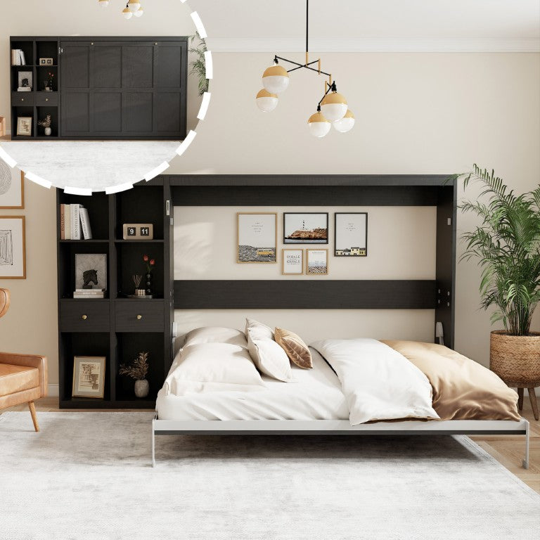 English Elm Queen Wall Murphy Bed with Dual Side Cabinets MDF Frame Space Saving Bedroom W5290S00035