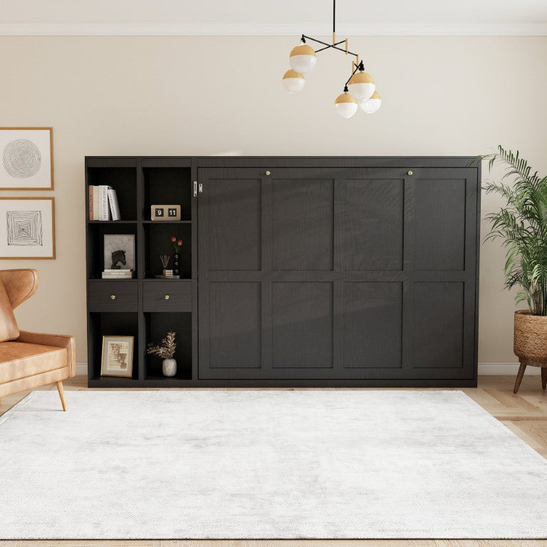 English Elm Queen Wall Murphy Bed with Dual Side Cabinets MDF Frame Space Saving Bedroom W5290S00035