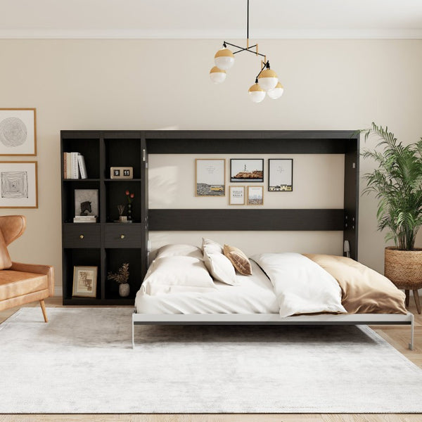 English Elm Queen Wall Murphy Bed with Dual Side Cabinets MDF Frame Space Saving Bedroom W5290S00035