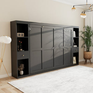 English Elm Queen Wall Murphy Bed with Dual Side Cabinets MDF Frame Space Saving Bedroom W5290S00035