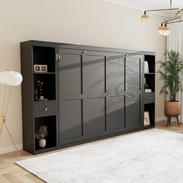 English Elm Queen Wall Murphy Bed with Dual Side Cabinets MDF Frame Space Saving Bedroom W5290S00035