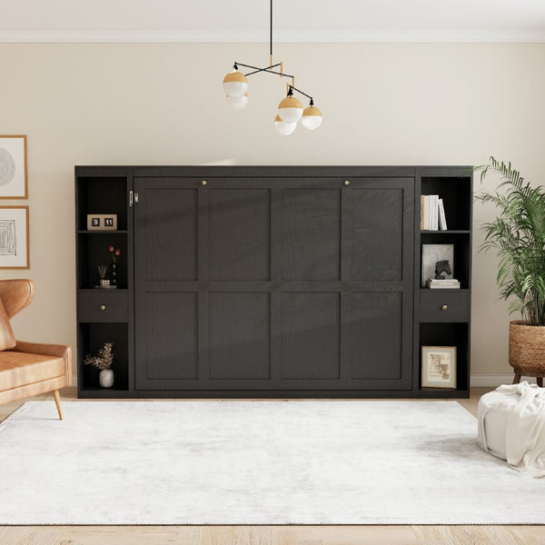 English Elm Queen Wall Murphy Bed with Dual Side Cabinets MDF Frame Space Saving Bedroom W5290S00035