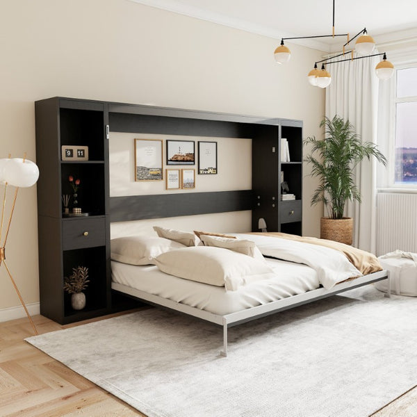 English Elm Queen Wall Murphy Bed with Dual Side Cabinets MDF Frame Space Saving Bedroom W5290S00035