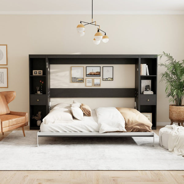 English Elm Queen Wall Murphy Bed with Dual Side Cabinets MDF Frame Space Saving Bedroom W5290S00035