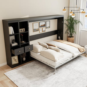 English Elm Queen Wall Murphy Bed with Dual Side Cabinets MDF Frame Space Saving Bedroom W5290S00035