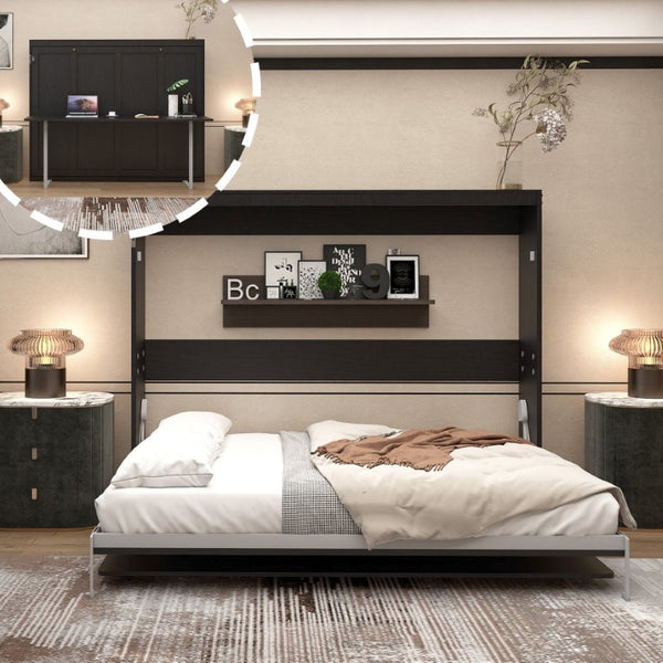 English Elm Queen Murphy Wall Bed Foldaway Cabinet System for Home Office or Guest Room Black W5290S00036