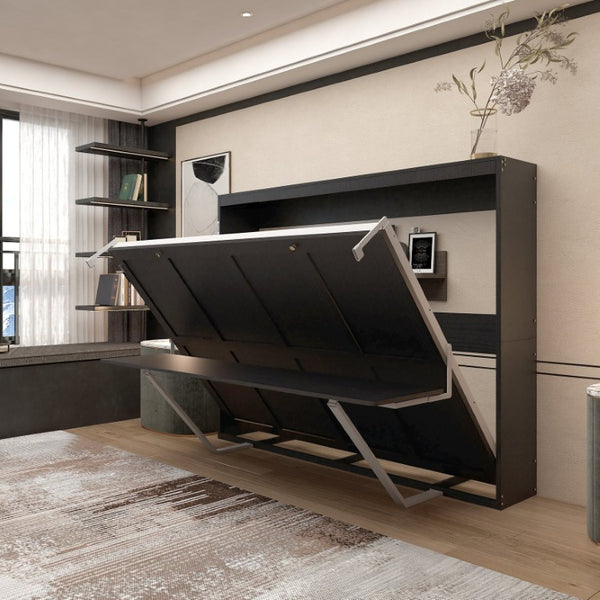English Elm Queen Murphy Wall Bed Foldaway Cabinet System for Home Office or Guest Room Black W5290S00036