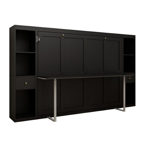 English Elm Queen Murphy Wall Bed with Fold Down Desk Hydraulic Legs Guest Home Office Cabinet W5290S00037