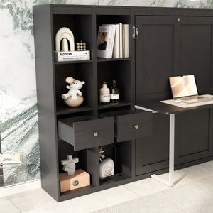 English Elm Queen Murphy Wall Bed with Fold Down Desk Hydraulic Legs Guest Home Office Cabinet W5290S00037