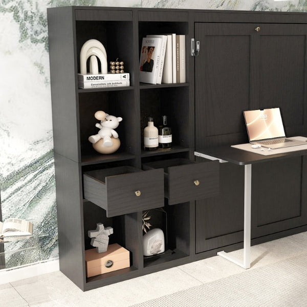 English Elm Queen Murphy Wall Bed with Fold Down Desk Hydraulic Legs Guest Home Office Cabinet W5290S00037