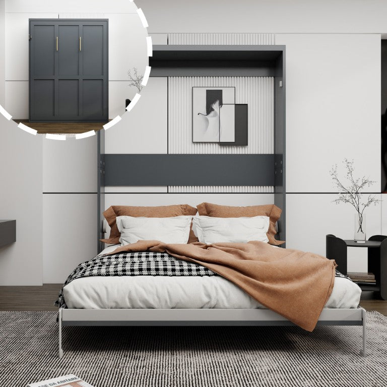 English Elm Queen Murphy Wall Bed Foldaway Cabinet System for Home Office or Guest Room Grey W5290S00038
