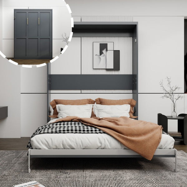 English Elm Queen Murphy Wall Bed Foldaway Cabinet System for Home Office or Guest Room Grey W5290S00038