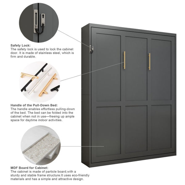 English Elm Queen Murphy Wall Bed Foldaway Cabinet System for Home Office or Guest Room Grey W5290S00038