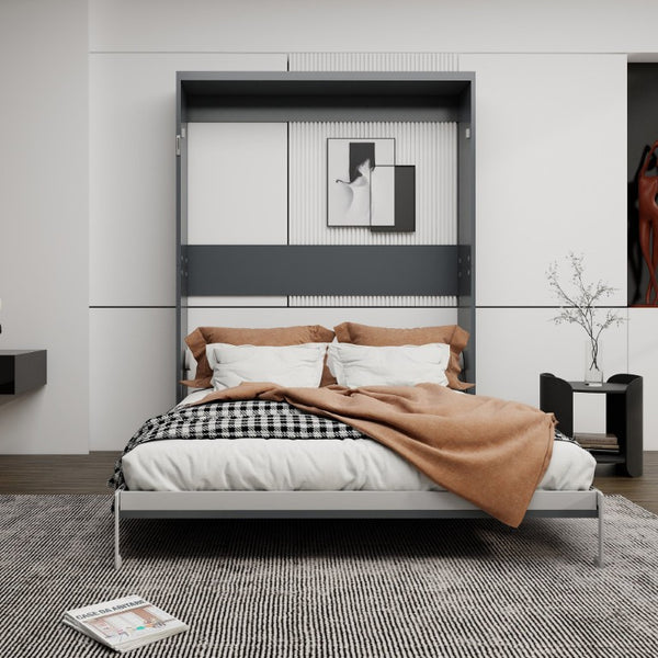English Elm Queen Murphy Wall Bed Foldaway Cabinet System for Home Office or Guest Room Grey W5290S00038