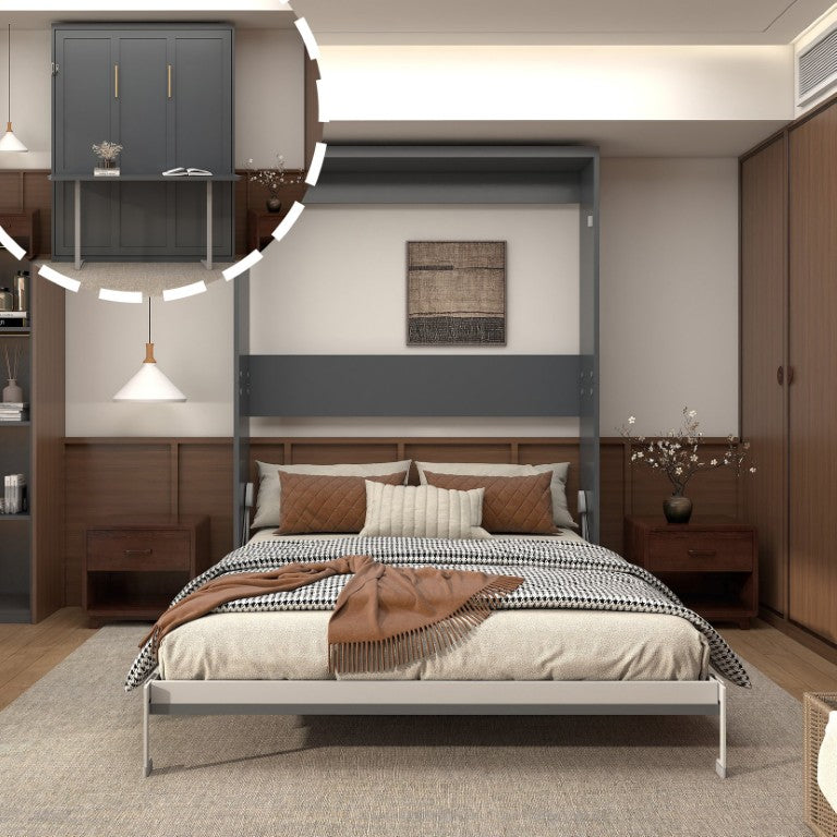 English Elm Folding Murphy Queen Wall Bed with Integrated Desk for Guest Studio Space Saving W5290S00039