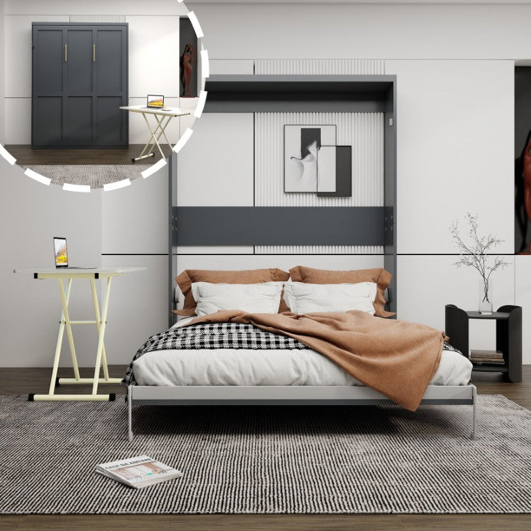 English Elm Space Saving Queen Murphy Bed with Mobile Height Adjustable Desk for Studio Living W5290S00042