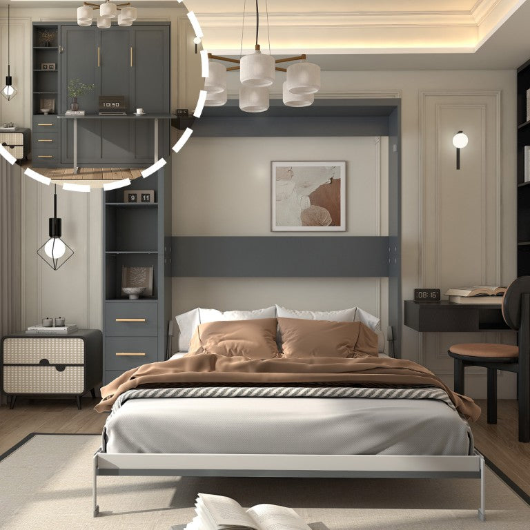 English Elm Queen Murphy Wall Bed with Integrated Fold Down Desk Solid Wood Slat Frame Grey Cabinet W5290S00045