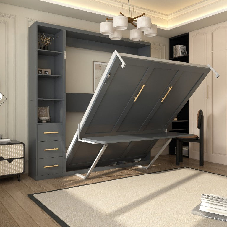 English Elm Queen Murphy Wall Bed with Integrated Fold Down Desk Solid Wood Slat Frame Grey Cabinet W5290S00045