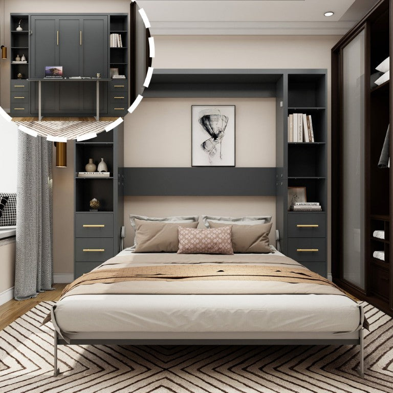 English Elm Modern Queen Murphy Bed with Fold Down Desk and Gas Piston Cabinet for Studio Spaces W5290S00046