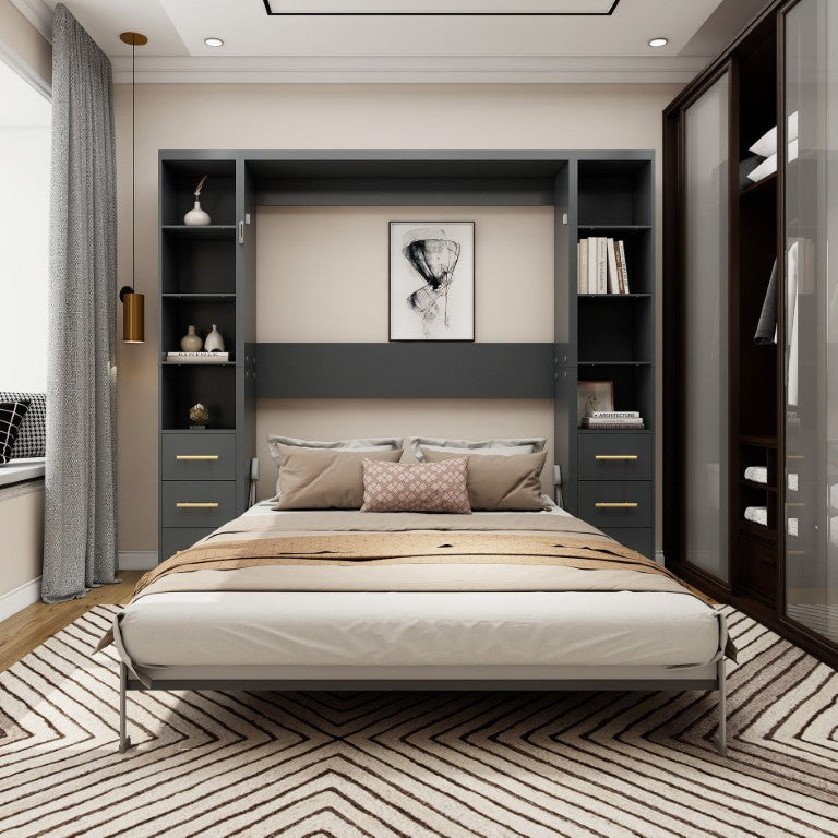 English Elm Modern Queen Murphy Bed with Fold Down Desk and Gas Piston Cabinet for Studio Spaces W5290S00046