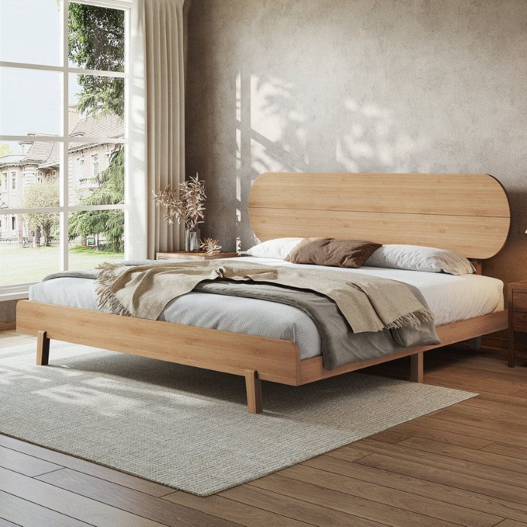 English Elm King Solid Bamboo Platform Bed Rounded Headboard Floating Frame Minimalist Bedroom W5305P435567