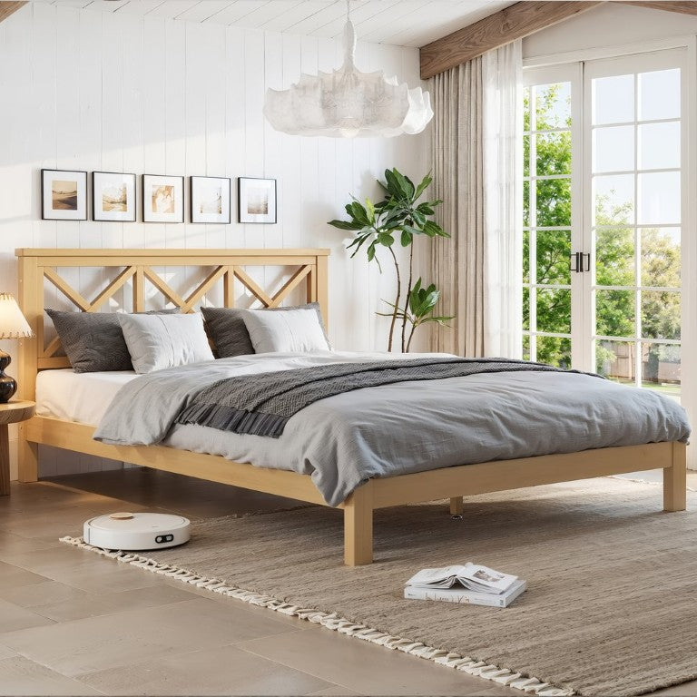 English Elm Full Bamboo Platform Bed with X Patterned Headboard Mid-Century Natural Finish W5305P459240