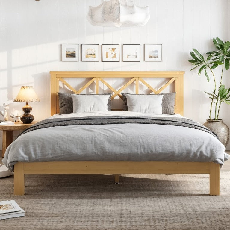 English Elm Full Bamboo Platform Bed with X Patterned Headboard Mid-Century Natural Finish W5305P459240