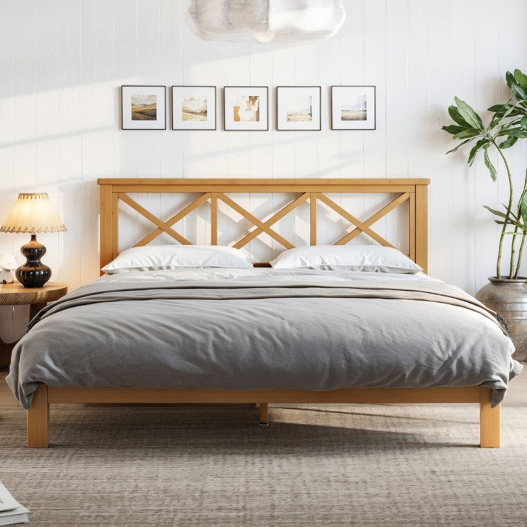 English Elm Queen Solid Bamboo Platform Bed with X Headboard for Mid-Century Modern Bedrooms Brown W5305P459242