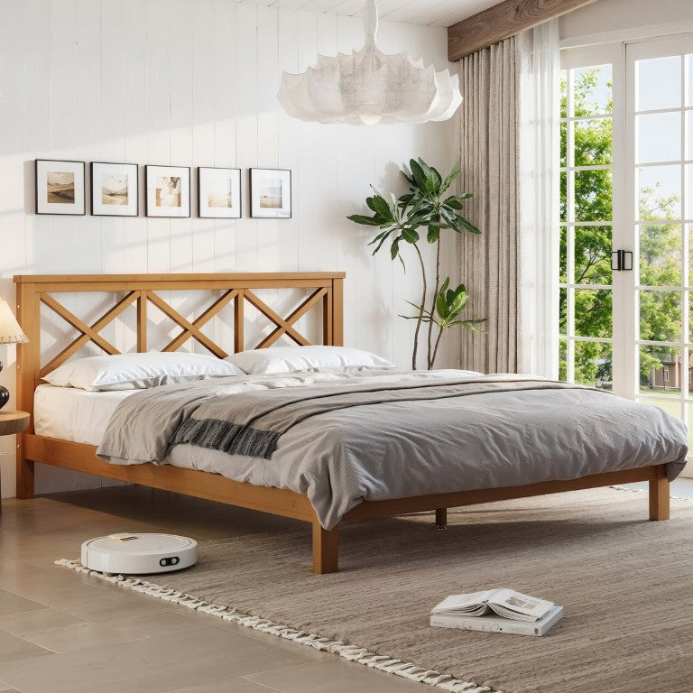 English Elm Queen Solid Bamboo Platform Bed with X Headboard for Mid-Century Modern Bedrooms Brown W5305P459242