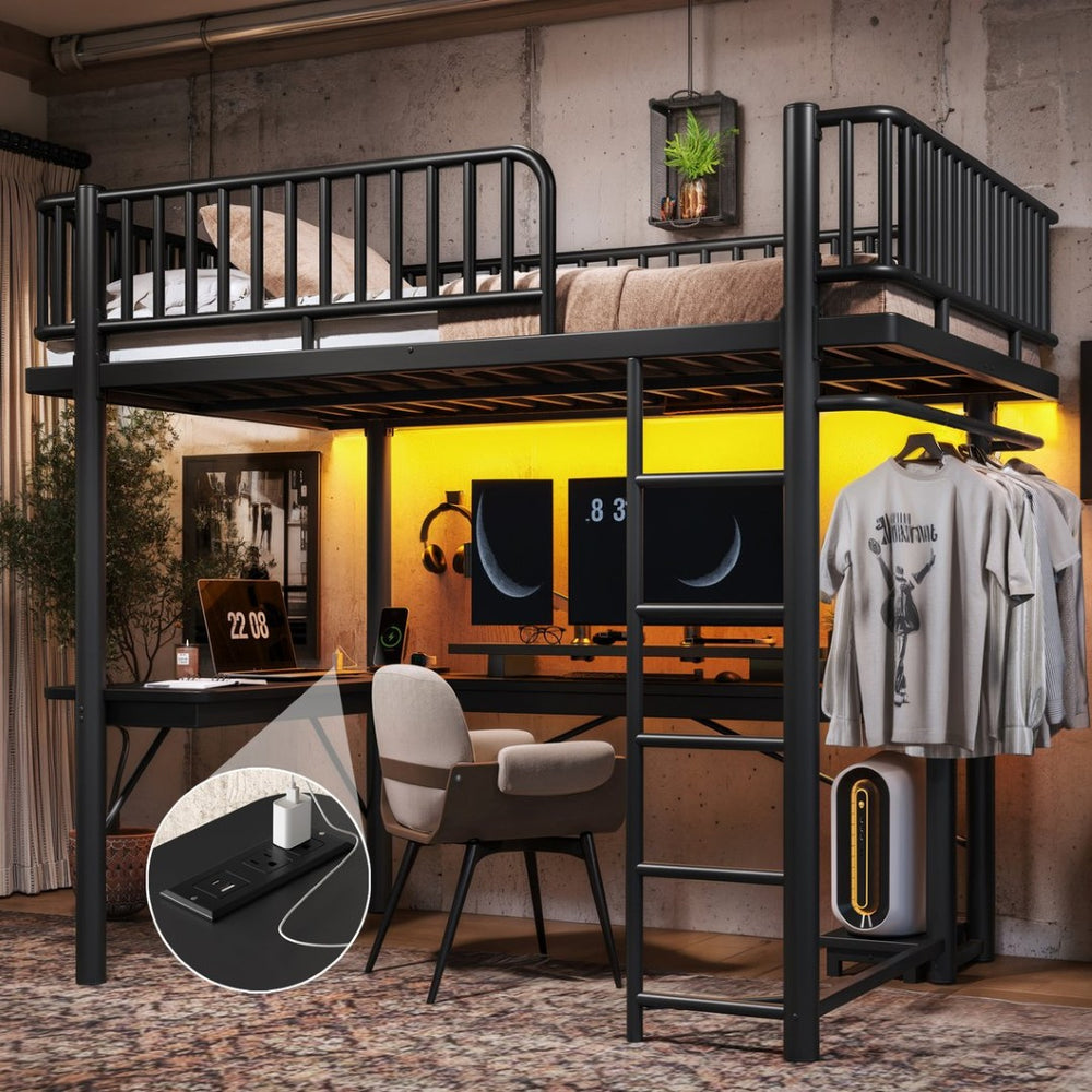 English Elm Full Metal Loft Bed with L-Shaped Desk LED Lighting Charging Station and PC Tray W5305P471268