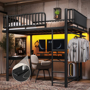 English Elm Full Metal Loft Bed with L-Shaped Desk LED Lighting Charging Station and PC Tray W5305P471268